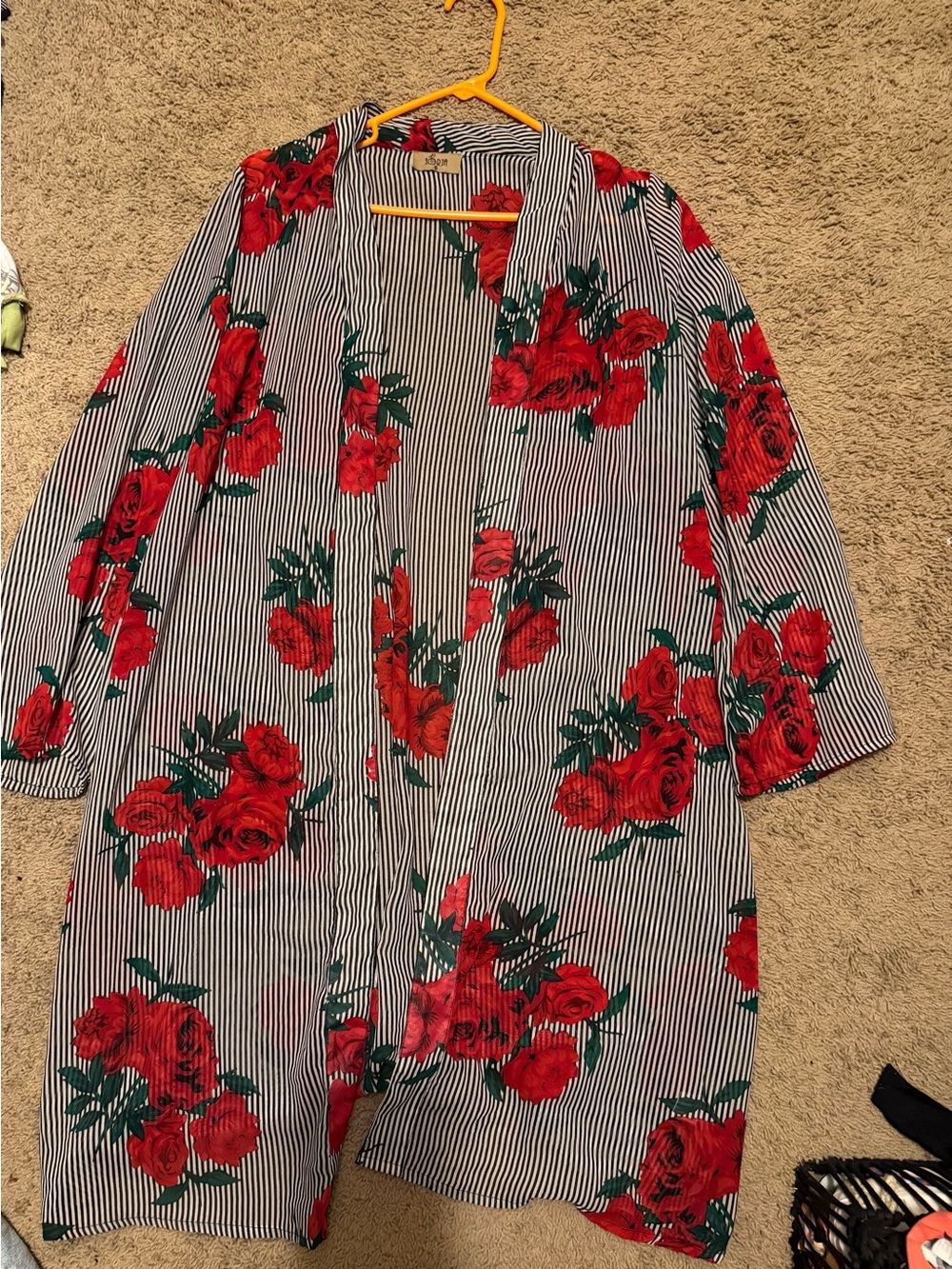 Striped Floral Open Kimono - Red Roses on Black & White Stripes